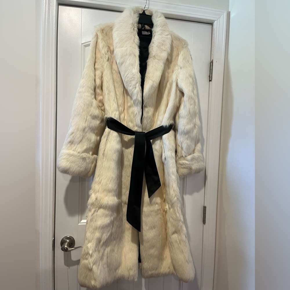 100% Rabbit Fur Coat - Long - Cream Belted Coat